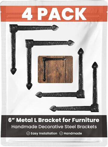 4 Pack 16.25" Metal T Bracket for Furniture - Black - Handmade Decorative Steel Brackets - Rustic Metal Corner Brackets for Front Doors, Gates, Garages, Tables & Cabinets - The Durango Series in Saudi Arabia
