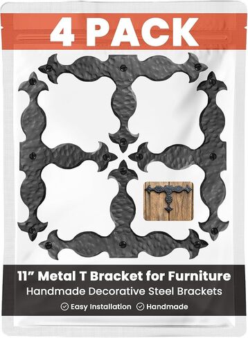 4 Pack 16.25" Metal T Bracket for Furniture - Black - Handmade Decorative Steel Brackets - Rustic Metal Corner Brackets for Front Doors, Gates, Garages, Tables & Cabinets - The Durango Series in Saudi Arabia