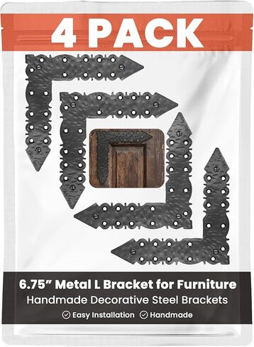 4 Pack 16.25" Metal T Bracket for Furniture - Black - Handmade Decorative Steel Brackets - Rustic Metal Corner Brackets for Front Doors, Gates, Garages, Tables & Cabinets - The Durango Series in Saudi Arabia
