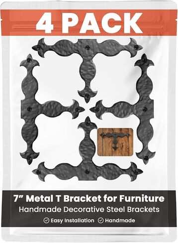 4 Pack 7" Metal T Bracket for Furniture - Black - Handmade Decorative Steel Brackets - Rustic Metal Corner Brackets for Front Doors, Gates, Garages, Tables & Cabinets - The Sonora Series in Kuwait