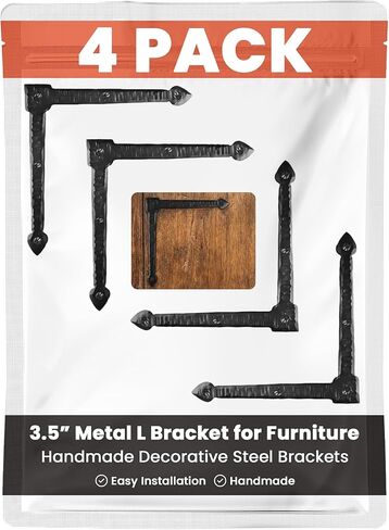 4 Pack 7" Metal T Bracket for Furniture - Black - Handmade Decorative Steel Brackets - Rustic Metal Corner Brackets for Front Doors, Gates, Garages, Tables & Cabinets - The Sonora Series in Kuwait