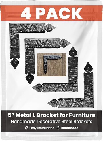 4 Pack 7" Metal T Bracket for Furniture - Black - Handmade Decorative Steel Brackets - Rustic Metal Corner Brackets for Front Doors, Gates, Garages, Tables & Cabinets - The Sonora Series in Kuwait