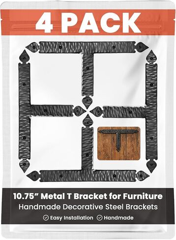 4 Pack 7" Metal T Bracket for Furniture - Black - Handmade Decorative Steel Brackets - Rustic Metal Corner Brackets for Front Doors, Gates, Garages, Tables & Cabinets - The Sonora Series in Kuwait