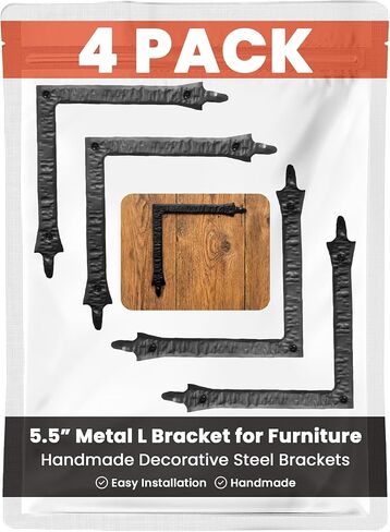 4 Pack 7" Metal T Bracket for Furniture - Black - Handmade Decorative Steel Brackets - Rustic Metal Corner Brackets for Front Doors, Gates, Garages, Tables & Cabinets - The Sonora Series in Kuwait