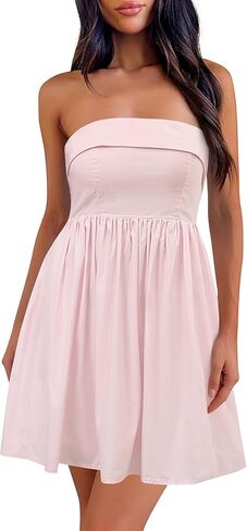 Women's Summer Strapless Mini Dress Sundress A Line High Waist Smocked Cute Tube Top Party Short Dresses with Pockets in Kuwait