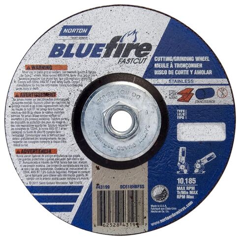 Norton 66252843199 6x1/8x5/8-11 in. BlueFire FastCut INOX/SS ZA/AO Grinding and Cutting Wheels, Type 27, 30 Grit, 10 Pack in Saudi Arabia