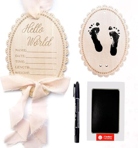 Hello World Baby Announcement Sign, Pink Bow Newborn Sign, Wooden Name Sign for hospital, With Ink Pad for Hand and Footprints, Marker Pen, Bow Ribbon Baby Photo Prop & Keepsake in Kuwait