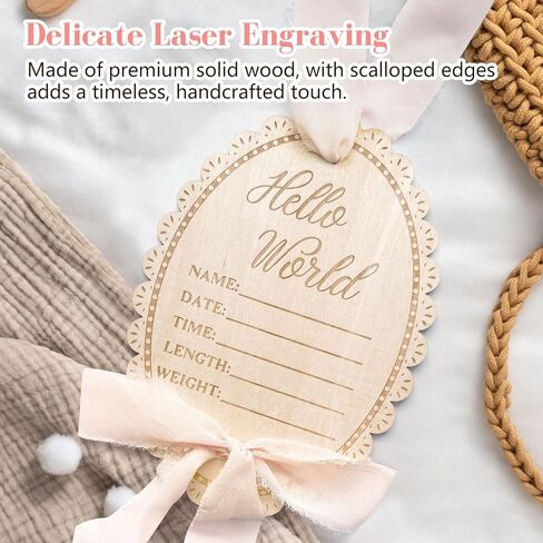 Hello World Baby Announcement Sign, Pink Bow Newborn Sign, Wooden Name Sign for hospital, With Ink Pad for Hand and Footprints, Marker Pen, Bow Ribbon Baby Photo Prop & Keepsake in Kuwait