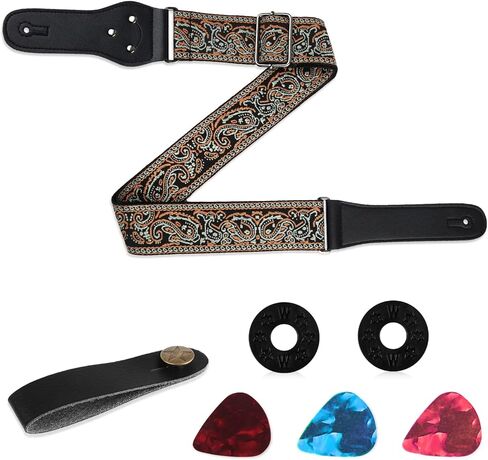Unisex Guitar Strap Embroidery Vintage Style with Guitar Neck Strap Button 2pcs Guitar Strap Locks 3pcs Finger Plectrum 1pc Strap Tie for & Acoustic Guitars Bass Ukulele (Orange) in Saudi Arabia