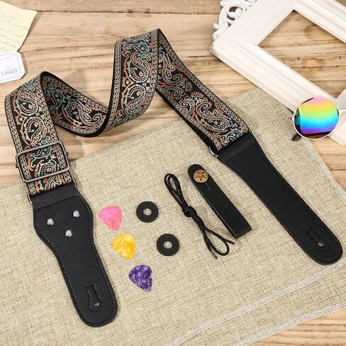 Unisex Guitar Strap Embroidery Vintage Style with Guitar Neck Strap Button 2pcs Guitar Strap Locks 3pcs Finger Plectrum 1pc Strap Tie for & Acoustic Guitars Bass Ukulele (Orange) in Saudi Arabia