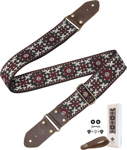 Guitar Strap - Crazy Horse Cowhide Ends,Safe Durable,2in,Soft Adjustable Guitar Straps for Acoustic&Electric Guitars,Bass,Ukulele,Guitarists Gift Set,Striped Bamboo Leaf in Saudi Arabia