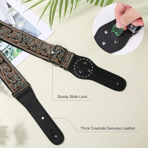 Unisex Guitar Strap Embroidery Vintage Style with Guitar Neck Strap Button 2pcs Guitar Strap Locks 3pcs Finger Plectrum 1pc Strap Tie for & Acoustic Guitars Bass Ukulele (Orange) in Saudi Arabia