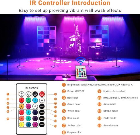شريط ضوء غسيل المسرح: التحكم عن بعد وDMX - إعداد سهل لمخطط حفلات DJ - 150 وات 24 LEDs RGBWA + UV خلط الألوان - إضاءة غسيل الحائط للحدث وعروض حفلات الزفاف الحية in Kuwait