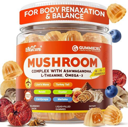 علكات الفطر، علكات الدماغ 16 في 1 مع عرف الأسد، الريشي، كورديسيبس، تشاجا، مايتاكي، B12، DHA، أشواغاندا، إل-ثيانين والمزيد، مكمل الفطر للبالغين - الذاكرة والتركيز ودعم الطاقة 60 قطعة in Kuwait