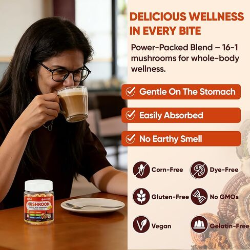 علكات الفطر، علكات الدماغ 16 في 1 مع عرف الأسد، الريشي، كورديسيبس، تشاجا، مايتاكي، B12، DHA، أشواغاندا، إل-ثيانين والمزيد، مكمل الفطر للبالغين - الذاكرة والتركيز ودعم الطاقة 60 قطعة in Kuwait