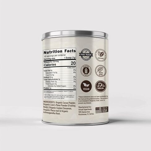 High Flavanol Cacao Powder Blend - Flavanols & Flavanoids - Organic Coffee Alternative with Lions Mane, Ashwagandha, Maca & Ceylon Cinnamon - 7.4 ounces - Morning Focus & Energy Ritual in Saudi Arabia