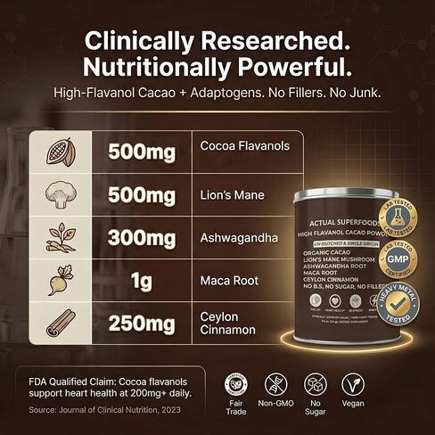 High Flavanol Cacao Powder Blend - Flavanols & Flavanoids - Organic Coffee Alternative with Lions Mane, Ashwagandha, Maca & Ceylon Cinnamon - 7.4 ounces - Morning Focus & Energy Ritual in Saudi Arabia