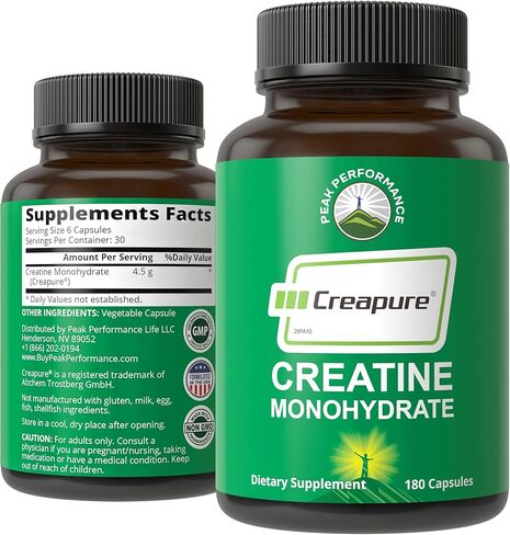 Creapure Creatine Monohydrate 180 Capsules - Ultra High Purity German Made Creatine with Nothing Added at All - Pure Unflavored Pills for Men & Women - No Sugar, Non-GMO, Vegan Friendly Supplement in Saudi Arabia