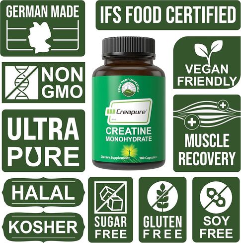 Creapure Creatine Monohydrate 180 Capsules - Ultra High Purity German Made Creatine with Nothing Added at All - Pure Unflavored Pills for Men & Women - No Sugar, Non-GMO, Vegan Friendly Supplement in Saudi Arabia