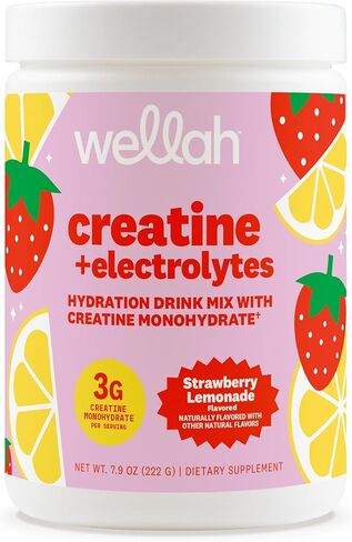 Wellah Creatine + Electrolytes Powder (Strawberry Lemonade) 30 Servings - Hydration Drink Mix with 3g of Creatine Monohydrate in Kuwait