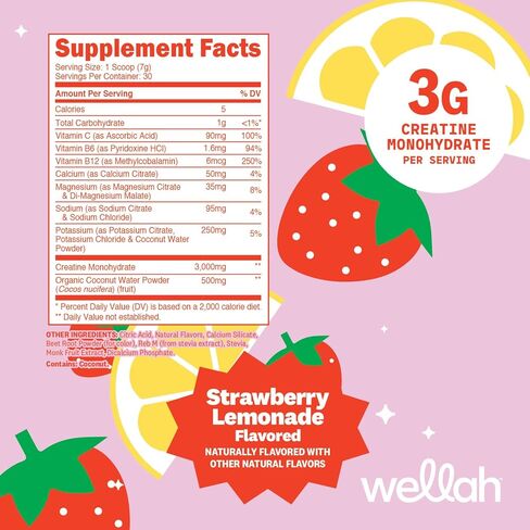 Wellah Creatine + Electrolytes Powder (Strawberry Lemonade) 30 Servings - Hydration Drink Mix with 3g of Creatine Monohydrate in Kuwait