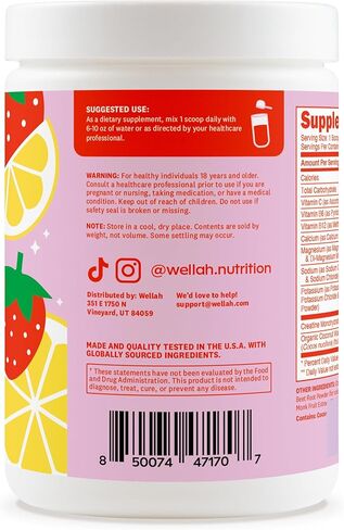Wellah Creatine + Electrolytes Powder (Strawberry Lemonade) 30 Servings - Hydration Drink Mix with 3g of Creatine Monohydrate in Kuwait