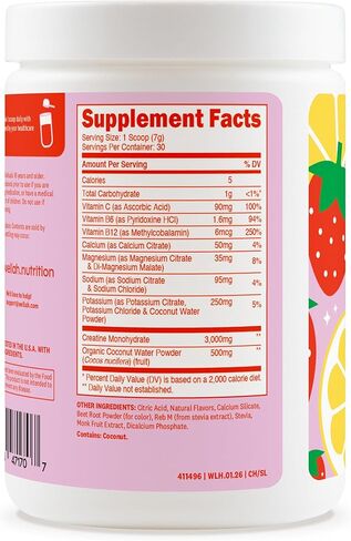 Wellah Creatine + Electrolytes Powder (Strawberry Lemonade) 30 Servings - Hydration Drink Mix with 3g of Creatine Monohydrate in Kuwait