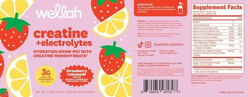Wellah Creatine + Electrolytes Powder (Strawberry Lemonade) 30 Servings - Hydration Drink Mix with 3g of Creatine Monohydrate in Kuwait