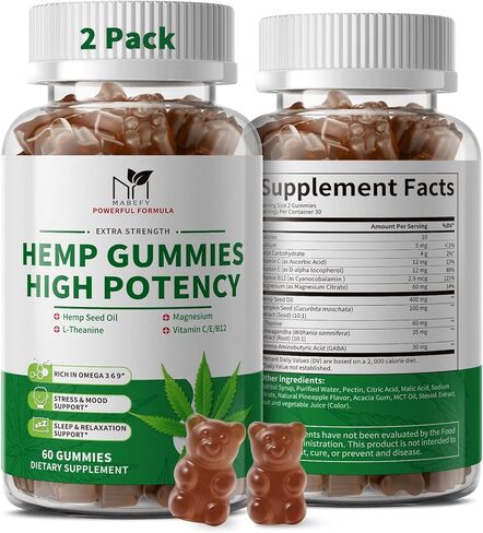 2 Pack Hemp Gummies for Sleep, Stress, Relax & Calm, High Potency Extra Strength with Magnesium, Vitamins, Ashwagandha, GABA, L-Theanine, Pineapple Flavor, 120 Bears Gummies, Vegan Gluten-Free in Kuwait