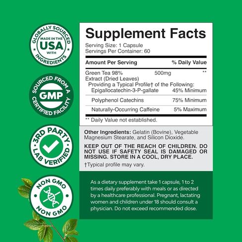 Green Tea Extract Capsules - 500mg Pure Leaf Green Tea Caffeine Supplement - EGCG, Caffeine Extract & Polyphenols Supplement for Healthy Metabolism Support for Women & Men - Natural Detox - 60 Count in Saudi Arabia