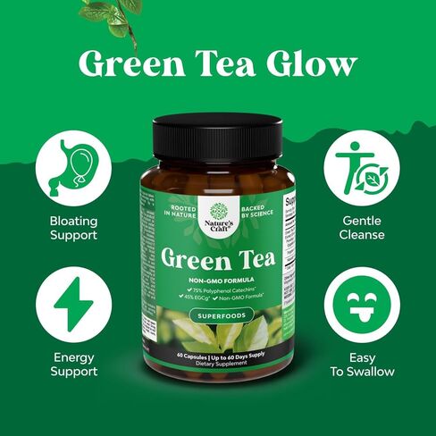 Green Tea Extract Capsules - 500mg Pure Leaf Green Tea Caffeine Supplement - EGCG, Caffeine Extract & Polyphenols Supplement for Healthy Metabolism Support for Women & Men - Natural Detox - 60 Count in Saudi Arabia
