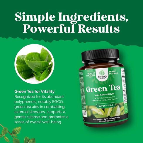 Green Tea Extract Capsules - 500mg Pure Leaf Green Tea Caffeine Supplement - EGCG, Caffeine Extract & Polyphenols Supplement for Healthy Metabolism Support for Women & Men - Natural Detox - 60 Count in Saudi Arabia