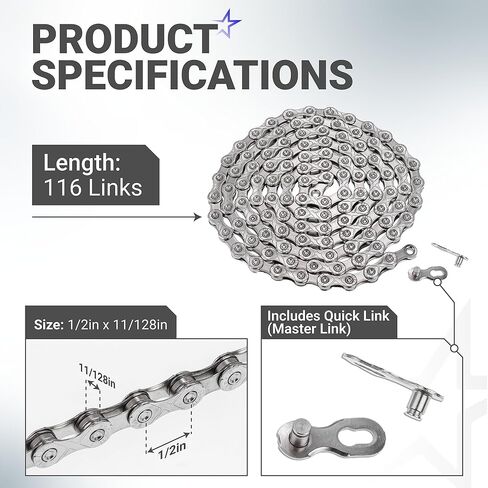 سلسلة دراجة بلو ستارز 11 سرعة 1/2 × 11/128 بوصة (116 وصلة) مع رابط سريع - سلسلة دراجات مضادة للصدأ - لدراجات MTB/الطرق/الحصى/Cyclocross - متوافقة مع Shimano SRAM Campagnolo in Kuwait