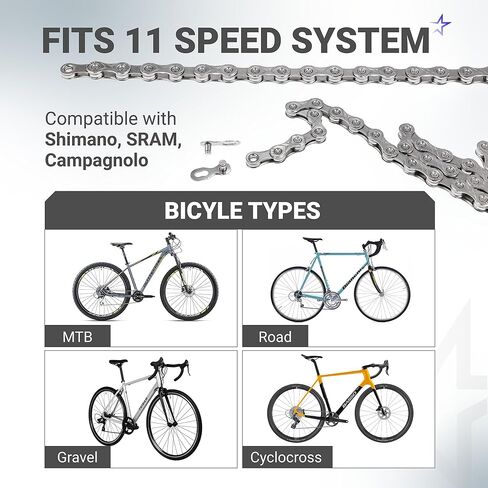 سلسلة دراجة بلو ستارز 11 سرعة 1/2 × 11/128 بوصة (116 وصلة) مع رابط سريع - سلسلة دراجات مضادة للصدأ - لدراجات MTB/الطرق/الحصى/Cyclocross - متوافقة مع Shimano SRAM Campagnolo in Kuwait