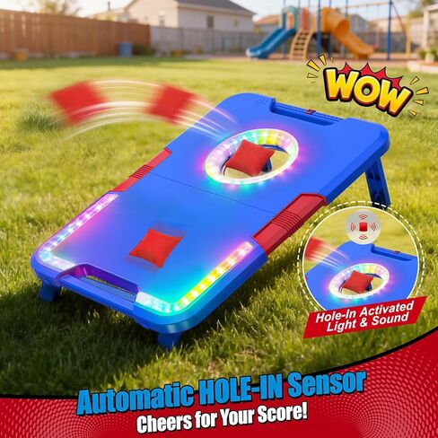 TERRAMUS Light-Up Cornhole Board Set, Corn hole Sets with Sound Effects, 2 Foldable Boards & 8 Bean Bags, Portable Outdoor Toss game, Backyard Party Camping Toys Gifts for Kids,Teens,Family,Ages 6-12+ in Kuwait