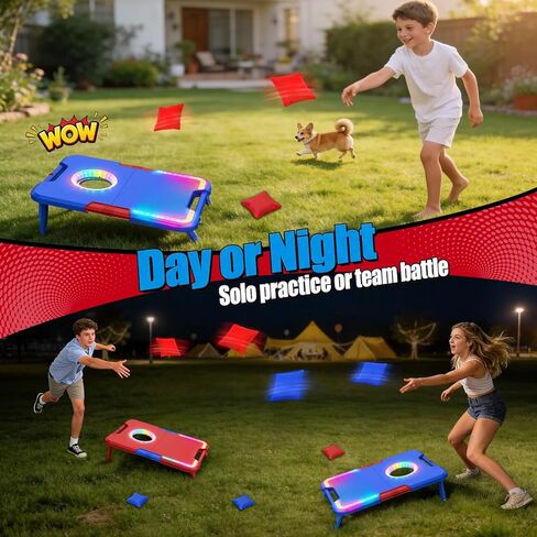 TERRAMUS Light-Up Cornhole Board Set, Corn hole Sets with Sound Effects, 2 Foldable Boards & 8 Bean Bags, Portable Outdoor Toss game, Backyard Party Camping Toys Gifts for Kids,Teens,Family,Ages 6-12+ in Kuwait