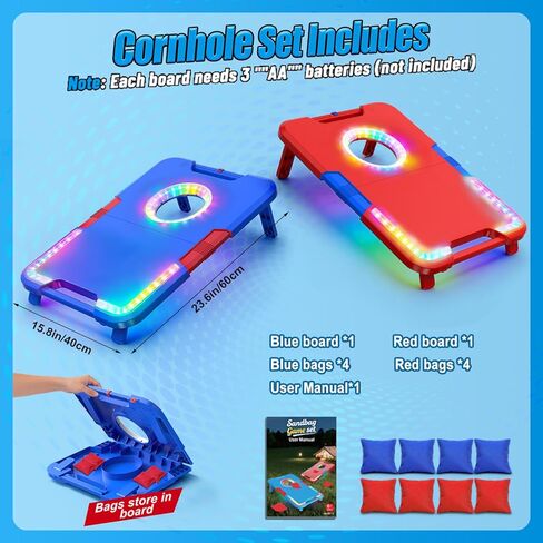 TERRAMUS Light-Up Cornhole Board Set, Corn hole Sets with Sound Effects, 2 Foldable Boards & 8 Bean Bags, Portable Outdoor Toss game, Backyard Party Camping Toys Gifts for Kids,Teens,Family,Ages 6-12+ in Kuwait