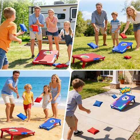 TERRAMUS Light-Up Cornhole Board Set, Corn hole Sets with Sound Effects, 2 Foldable Boards & 8 Bean Bags, Portable Outdoor Toss game, Backyard Party Camping Toys Gifts for Kids,Teens,Family,Ages 6-12+ in Kuwait