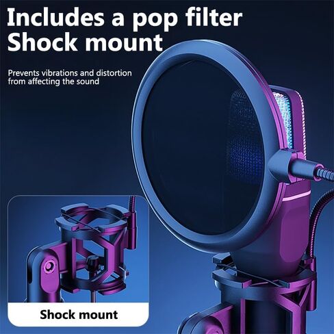 RGB Condenser Microphone with Adjustable Stand, Professional Recording Microphone with Pop Filter, Multipurpose Equipment for Gaming, Streaming, Podcast, Singing, PC, Laptop, 3.5mm Jack, Black in Saudi Arabia