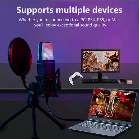RGB Condenser Microphone with Adjustable Stand, Professional Recording Microphone with Pop Filter, Multipurpose Equipment for Gaming, Streaming, Podcast, Singing, PC, Laptop, 3.5mm Jack, Black in Saudi Arabia