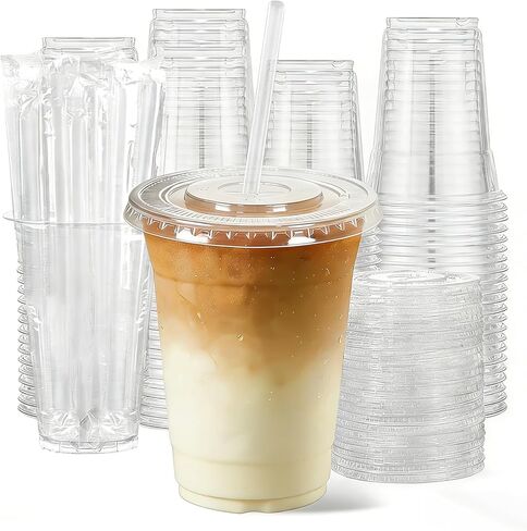 100 Pack 12 oz Clear Plastic Cups with Lids and Straws, [Leak-Proof & Snug Fit] Disposable Iced Coffee Cups for Smoothies, Bubble Tea and Cold Drinks, BPA Free Crystal Clear PET Tumblers in Saudi Arabia