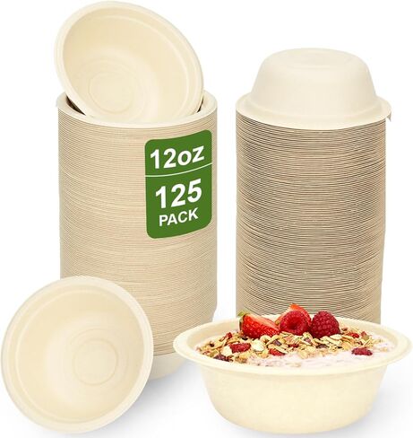 Neyimqr 125 Pack 12 OZ Paper Bowls, Natural Compostable Disposable Soup Bowls, Eco-Friendly Bagasse Serving Plates and Bowls for Hot Food or Cold Use in Kuwait