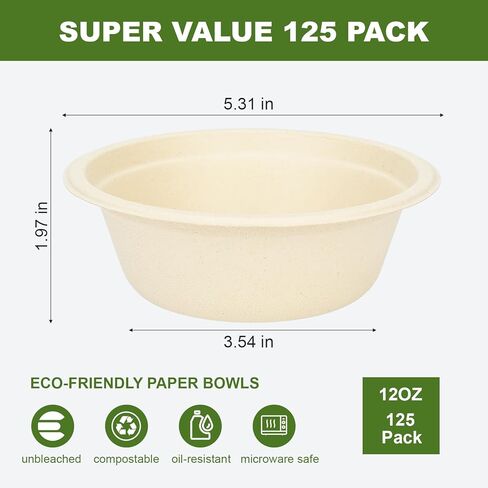 Neyimqr 125 Pack 12 OZ Paper Bowls, Natural Compostable Disposable Soup Bowls, Eco-Friendly Bagasse Serving Plates and Bowls for Hot Food or Cold Use in Kuwait