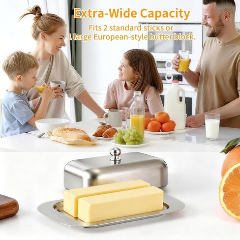 طبق زبدة من الفولاذ المقاوم للصدأ مع غطاء ومقبض، مقاس 7.5 بوصة × 5 بوصة، يناسب 2 عصا زبدة قياسية أو أوروبية، متين وغير قابل للكسر، وآمن للطاولة والثلاجة in Kuwait