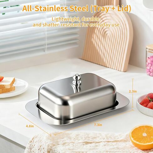 طبق زبدة من الفولاذ المقاوم للصدأ مع غطاء ومقبض، مقاس 7.5 بوصة × 5 بوصة، يناسب 2 عصا زبدة قياسية أو أوروبية، متين وغير قابل للكسر، وآمن للطاولة والثلاجة in Kuwait