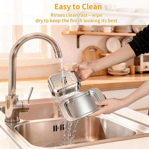 طبق زبدة من الفولاذ المقاوم للصدأ مع غطاء ومقبض، مقاس 7.5 بوصة × 5 بوصة، يناسب 2 عصا زبدة قياسية أو أوروبية، متين وغير قابل للكسر، وآمن للطاولة والثلاجة in Kuwait