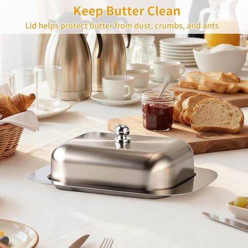 طبق زبدة من الفولاذ المقاوم للصدأ مع غطاء ومقبض، مقاس 7.5 بوصة × 5 بوصة، يناسب 2 عصا زبدة قياسية أو أوروبية، متين وغير قابل للكسر، وآمن للطاولة والثلاجة in Kuwait