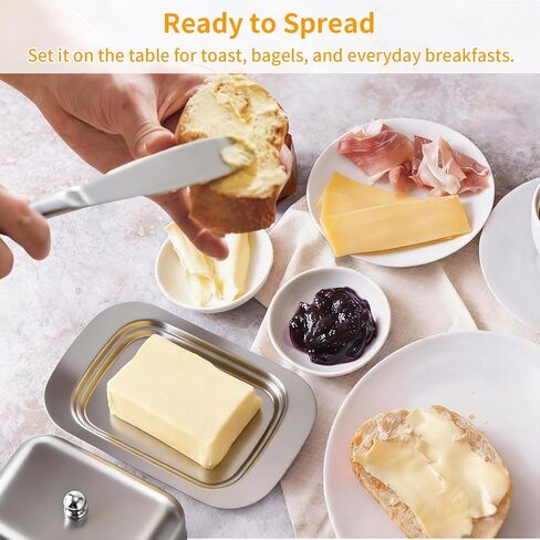 طبق زبدة من الفولاذ المقاوم للصدأ مع غطاء ومقبض، مقاس 7.5 بوصة × 5 بوصة، يناسب 2 عصا زبدة قياسية أو أوروبية، متين وغير قابل للكسر، وآمن للطاولة والثلاجة in Kuwait