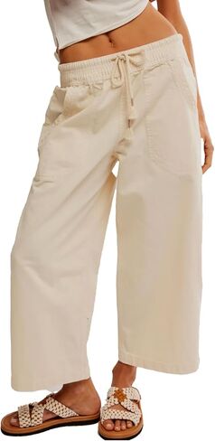 Women Barrel Jeans Casual Wide Leg Baggy Elastic Mid Rise Boyfriend Y2k Loose Denim Pants with Drawstring in Kuwait