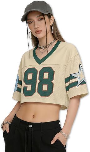 Jiveels Cropped Top Jersey for Women Y2k Hip Hop Plain Football Jersey Crop Top V Neck Short Sleeve Shirts Mesh Streetwear in Saudi Arabia